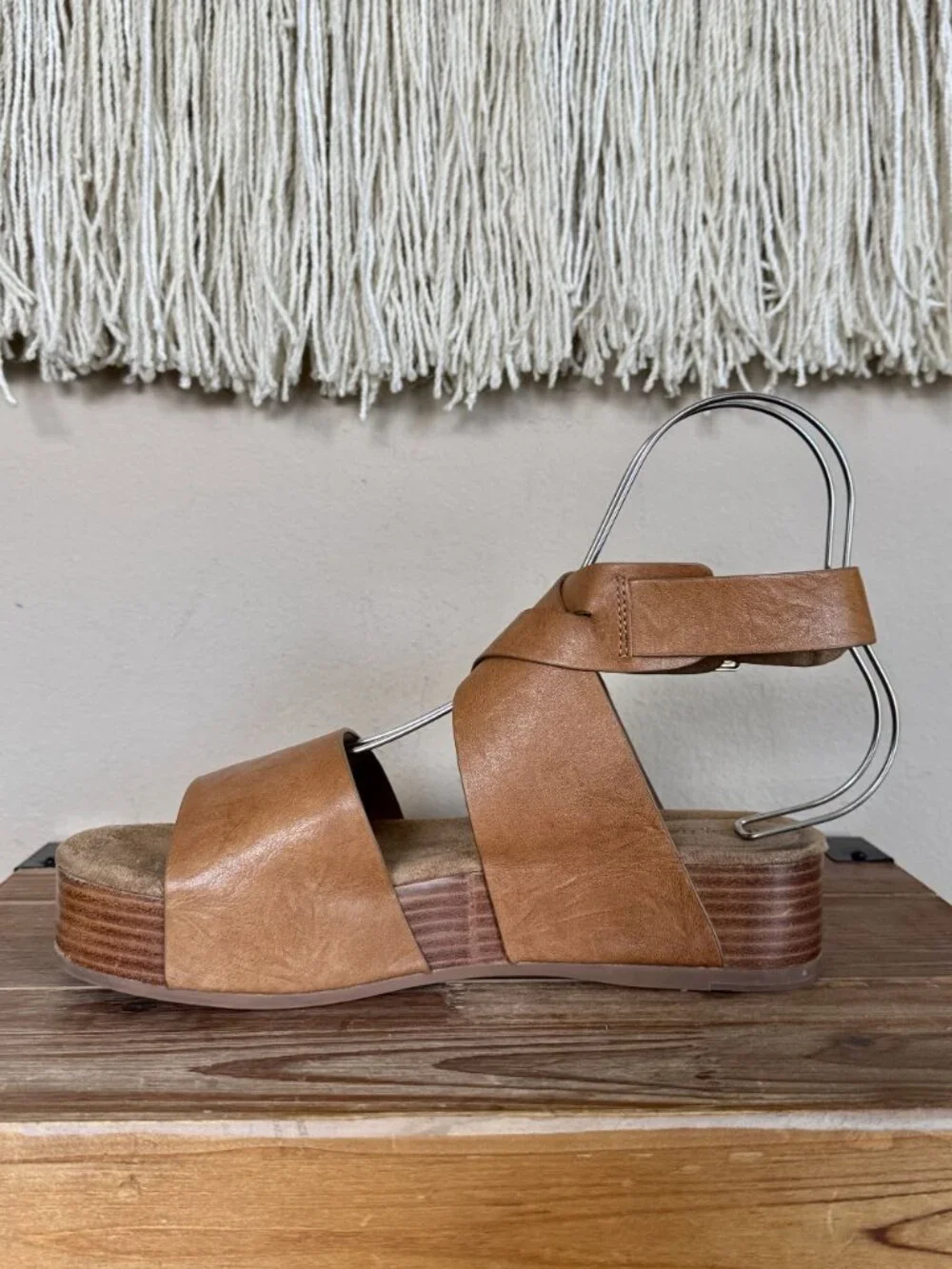 Kelsi Dagger Dunes Leather Brown Peanut Ankle Wrap Platform Sandals Size 8.5